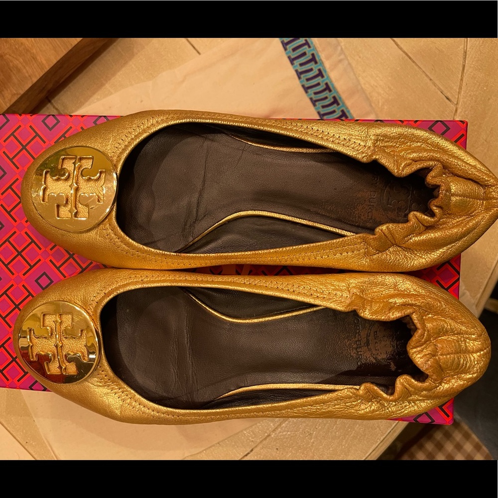 Tory Burch Reva Gold Metallic Ballet womens shoes 10